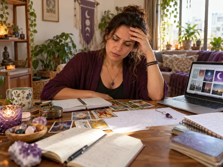 Mulher confusa diante de vários materiais de estudo espalhados